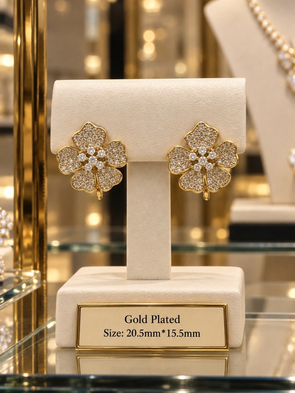 Gold Plated Floral Pavé Crystal Earrings - Gold